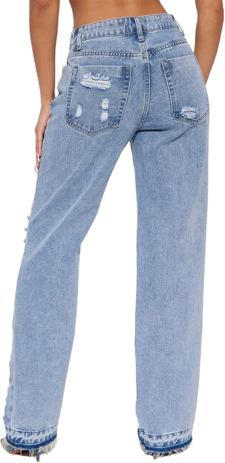 Women's Skinny Ripped Jeans Stretch Destroyed High Waist Denim Pants
