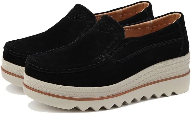 Womens Slip on Loafers Comfortable Thick Soft Platform（2in） Shoes Business Casual Walking Shoes Faux Suede Moccasins