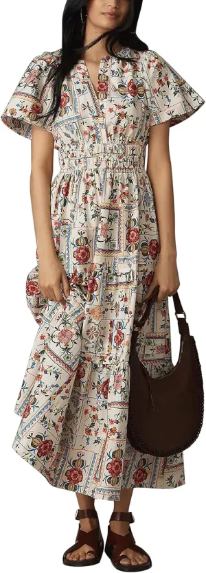 Womens Summer Boho Maxi Dresses Floral V Neck Tiered Short Sleeve Long Dress Flowy Beach Vacation Dress with Pockets