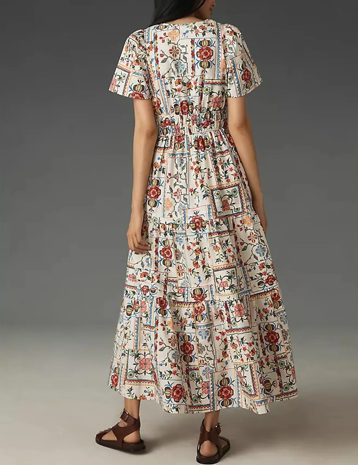 Womens Summer Boho Maxi Dresses Floral V Neck Tiered Short Sleeve Long Dress Flowy Beach Vacation Dress with Pockets