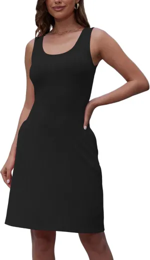 Womens Summer Crewneck Sleeveless Dresses Slim Bodycon Casual Midi Tank Tops Dress