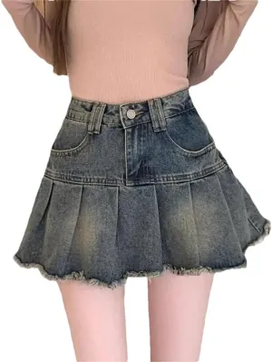 Women's Summer High-Waisted A- Line Denim Skirt Short Anti-Exposure Bipedal Flared Style Vintage Skirt