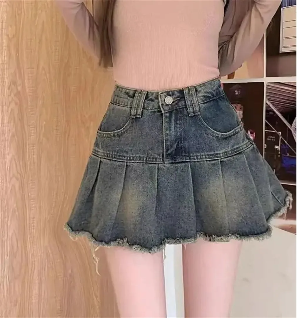 Women's Summer High-Waisted A- Line Denim Skirt Short Anti-Exposure Bipedal Flared Style Vintage Skirt