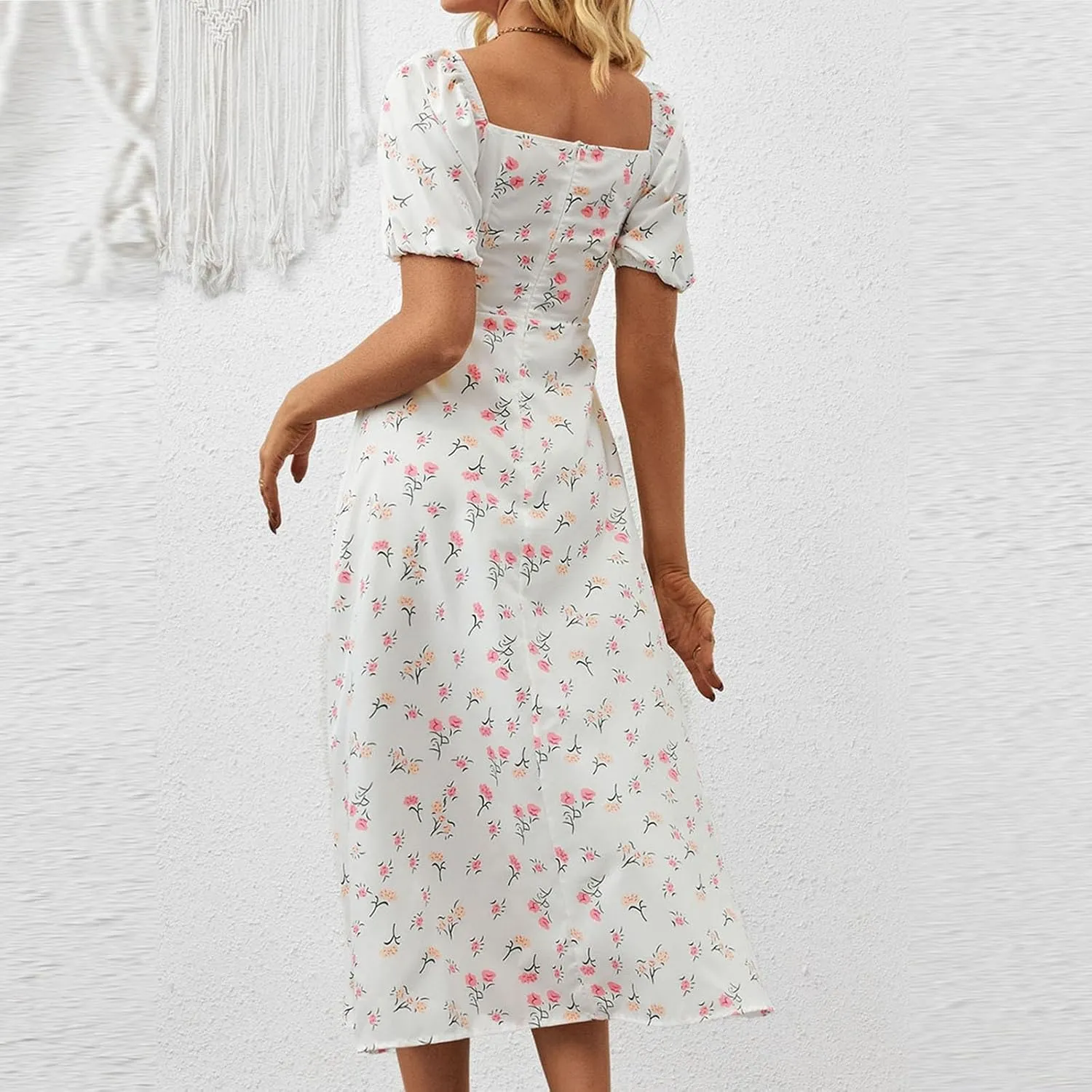 Women's Summer Puff Sleeve Floral Split Maxi Dress Flowy A Line Casual Beach Long Dresses 2025 Boho Floral Dress