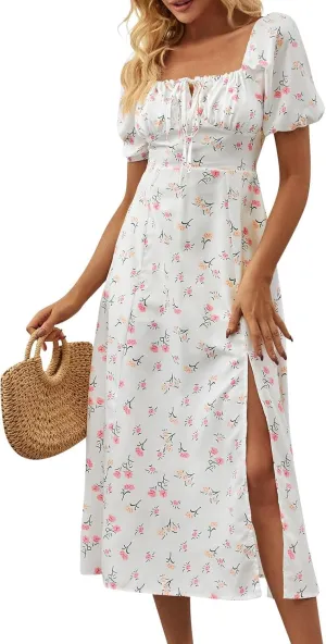 Women's Summer Puff Sleeve Floral Split Maxi Dress Flowy A Line Casual Beach Long Dresses 2025 Boho Floral Dress