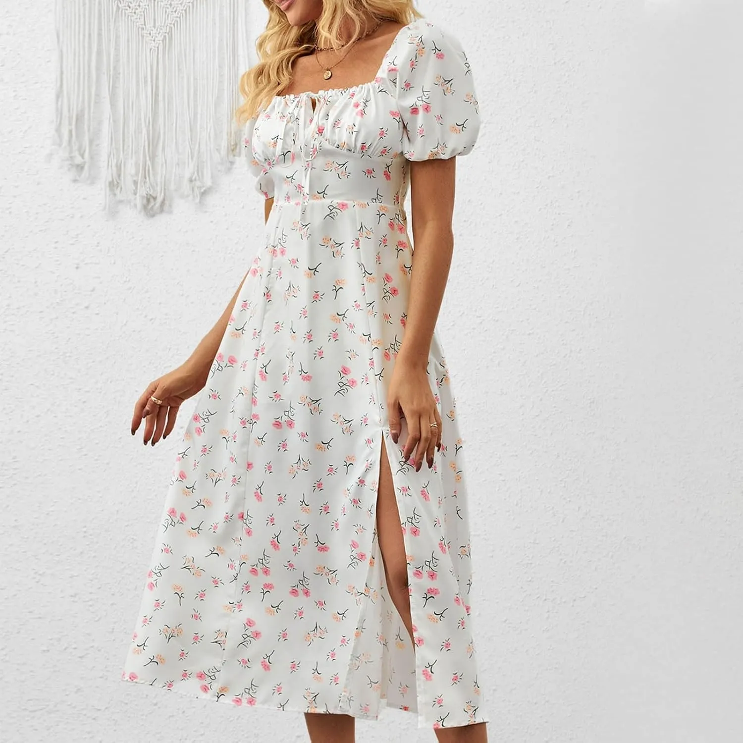 Women's Summer Puff Sleeve Floral Split Maxi Dress Flowy A Line Casual Beach Long Dresses 2025 Boho Floral Dress