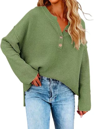 Womens Sweater V Neck Button Knitted Autumn Pullover Sweater Casual Pullover Striped Cute Winter Pullover Loose