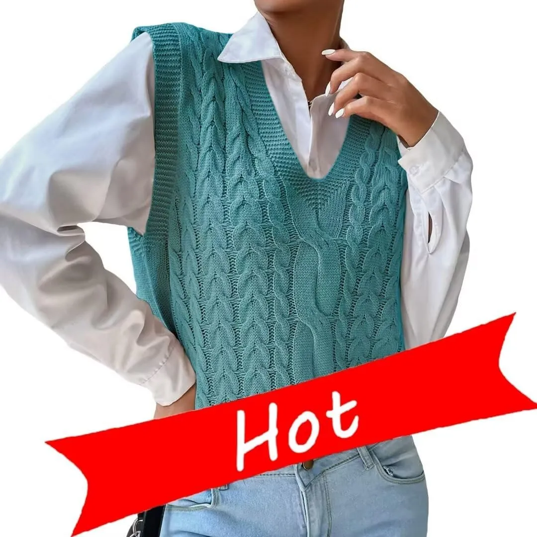 Womens Sweater Vest Cable Knit Casual V Neck Ribbed Preppy Pullover Tops Sleeveless