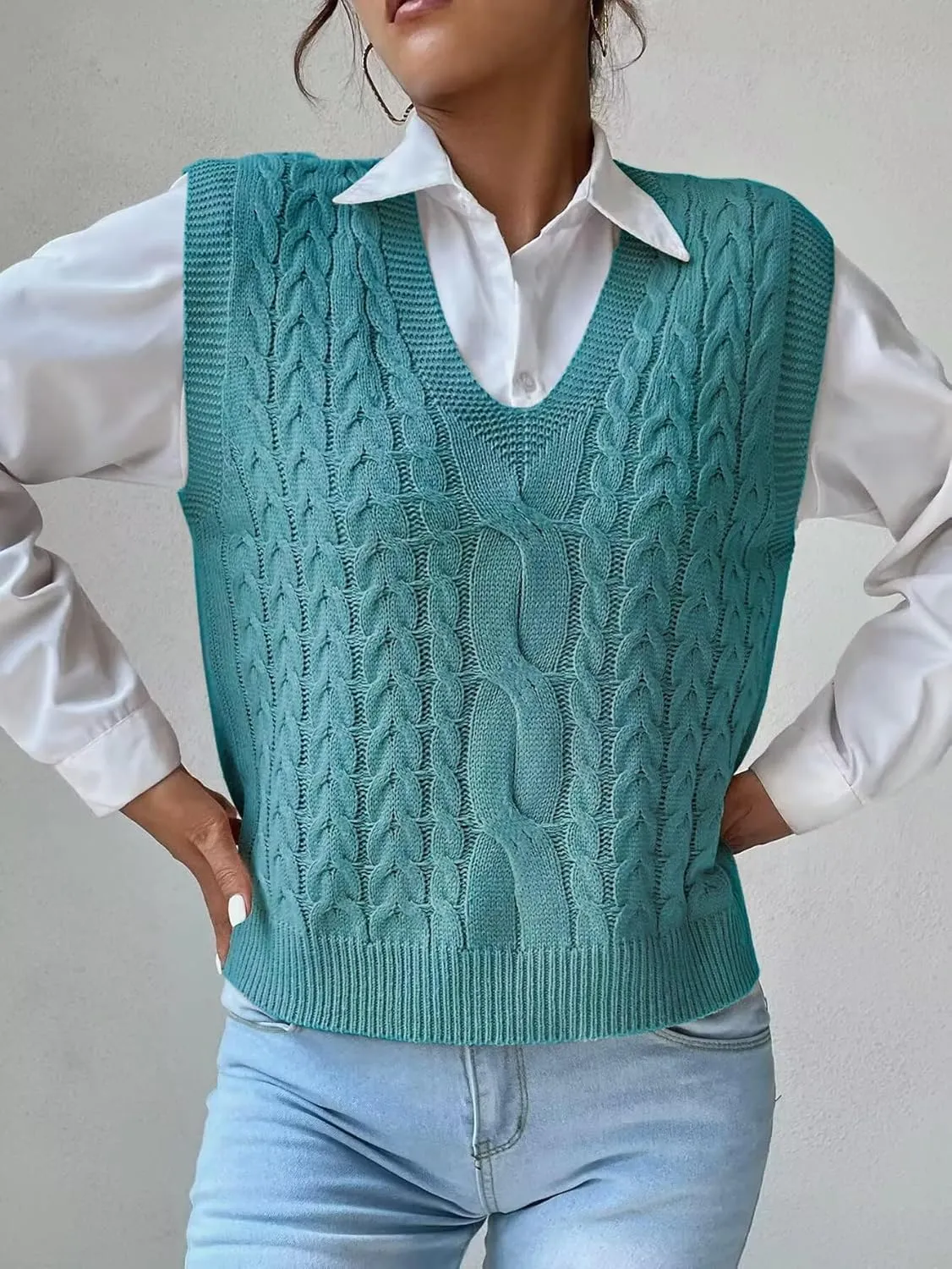 Womens Sweater Vest Cable Knit Casual V Neck Ribbed Preppy Pullover Tops Sleeveless