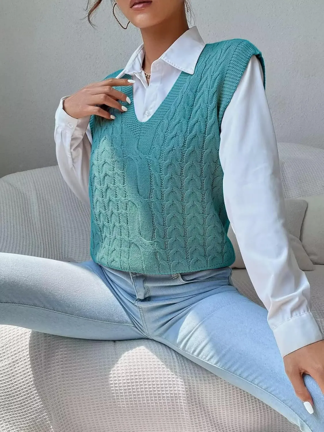 Womens Sweater Vest Cable Knit Casual V Neck Ribbed Preppy Pullover Tops Sleeveless