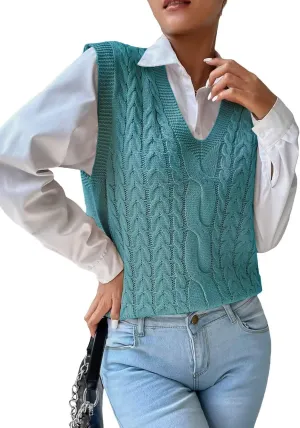 Womens Sweater Vest Cable Knit Casual V Neck Ribbed Preppy Pullover Tops Sleeveless