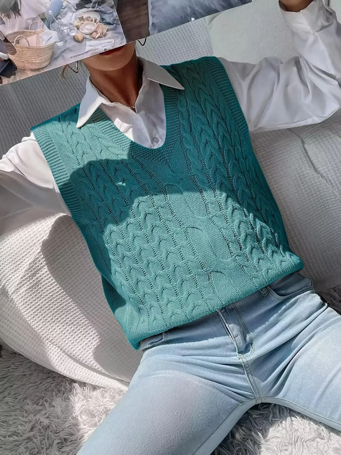 Womens Sweater Vest Cable Knit Casual V Neck Ribbed Preppy Pullover Tops Sleeveless