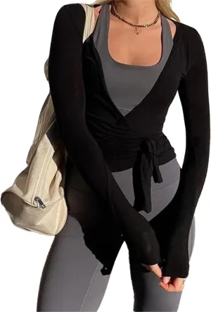 Women's Tie Wrap Top Sexy Deep V Neck Tie Front Long Sleeve Tops Casual Slim Fit Yoga Shirts Workout T Shirts