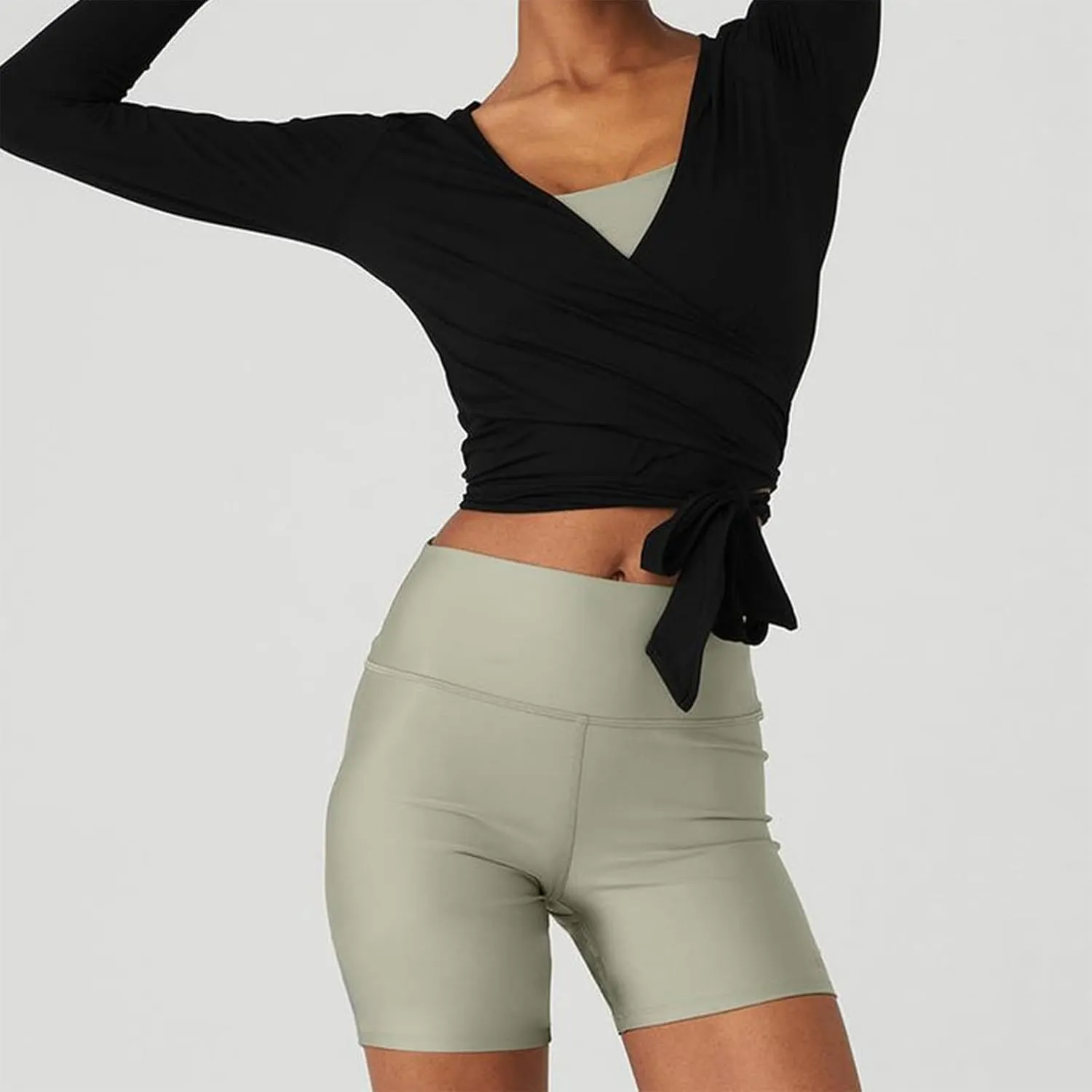 Women's Tie Wrap Top Sexy Deep V Neck Tie Front Long Sleeve Tops Casual Slim Fit Yoga Shirts Workout T Shirts