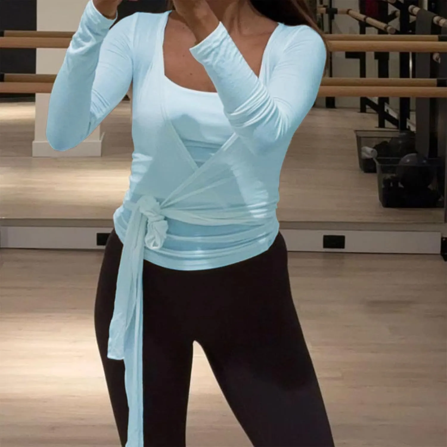 Women's Tie Wrap Top Sexy Deep V Neck Tie Front Long Sleeve Tops Casual Slim Fit Yoga Shirts Workout T Shirts