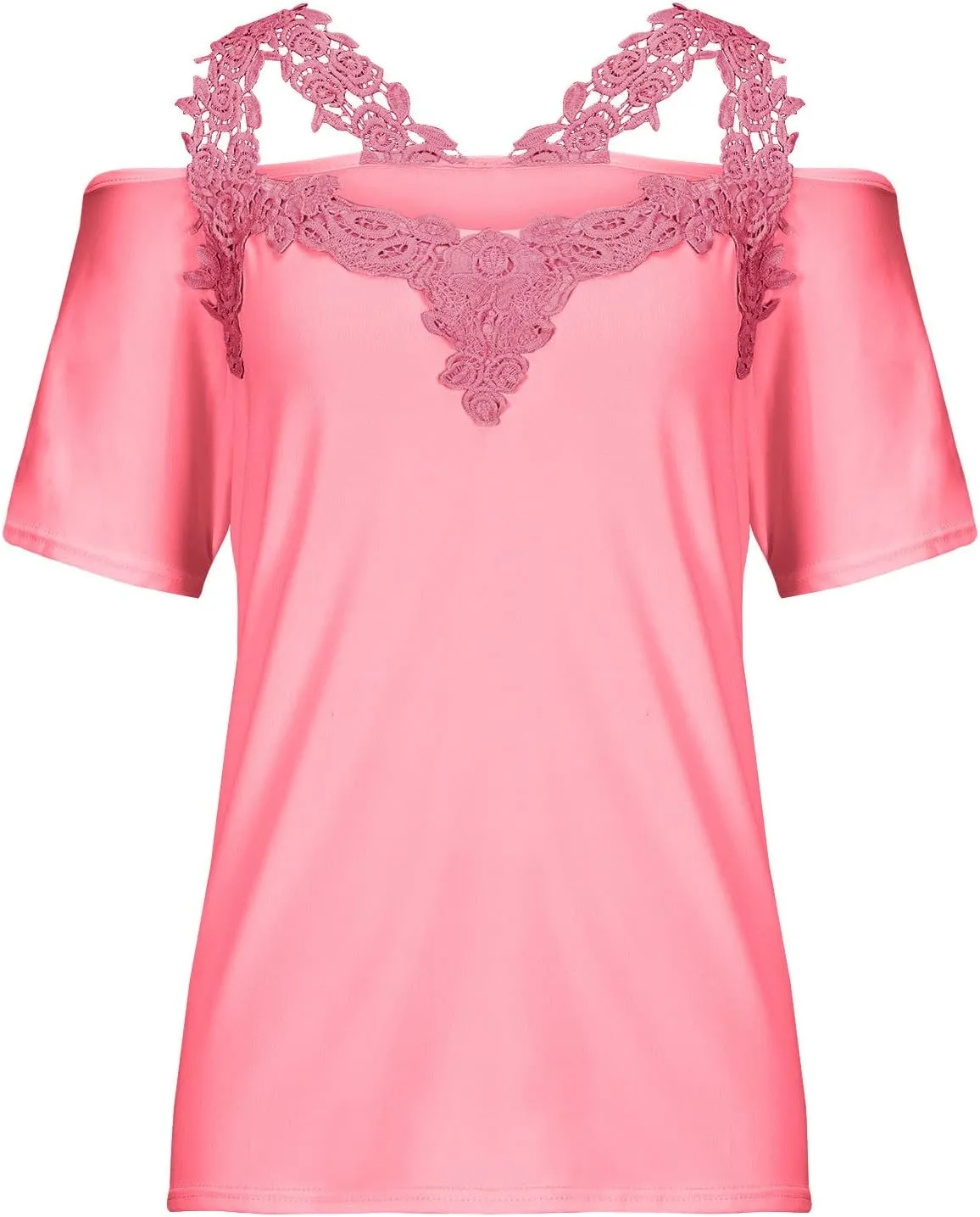 Womens Tops Casual Summer Short Sleeve Lace Neckline Patchwork Fashion T-Shirt Dressy Fashion Loose Blouse 2024 Solid