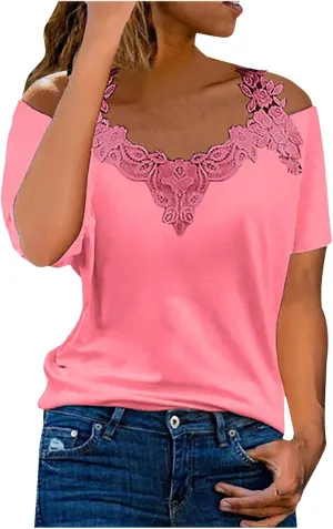 Womens Tops Casual Summer Short Sleeve Lace Neckline Patchwork Fashion T-Shirt Dressy Fashion Loose Blouse 2024 Solid