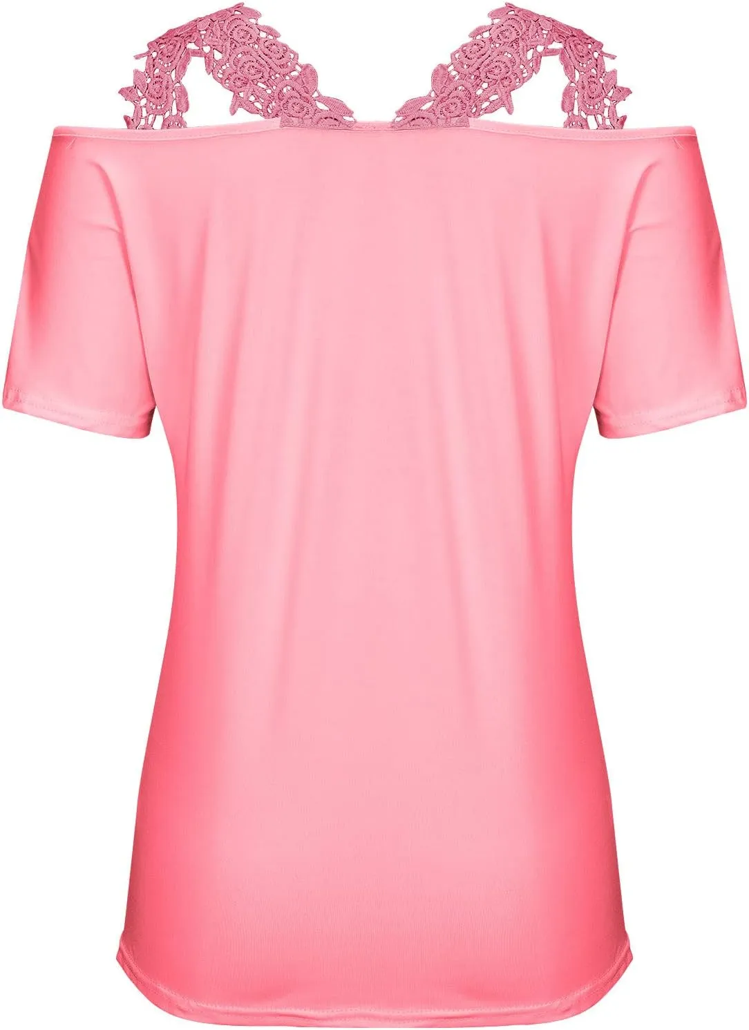 Womens Tops Casual Summer Short Sleeve Lace Neckline Patchwork Fashion T-Shirt Dressy Fashion Loose Blouse 2024 Solid