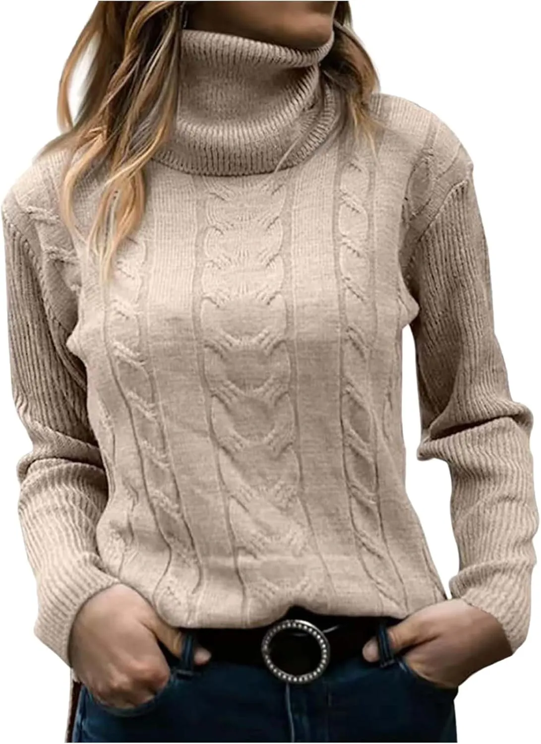 Womens Turtleneck Sweater Dressy Casual Cable Knit Long Sleeve High Neck Pullover Tops Fall Winter Warm Outfits