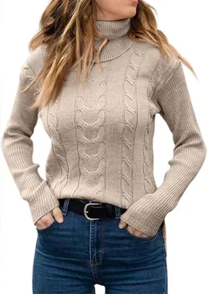 Womens Turtleneck Sweater Dressy Casual Cable Knit Long Sleeve High Neck Pullover Tops Fall Winter Warm Outfits