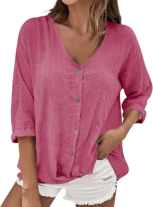 Women's V-Neck Button Single Row Cotton Linen Solid Color Blouse Summer Fashion Literary Shirt