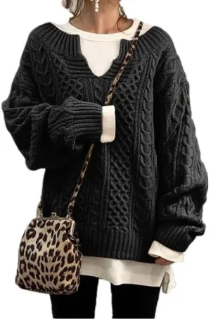 Womens V Neck Cable Knit Sweater Long Sleeve Chunky Sweater Fall Winter Fashion Casual Oversized Sweater Tops