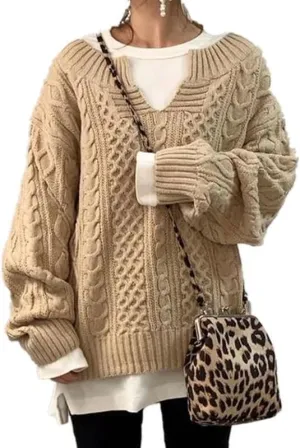 Womens V Neck Cable Knit Sweater Long Sleeve Chunky Sweater Fall Winter Fashion Casual Oversized Sweater Tops
