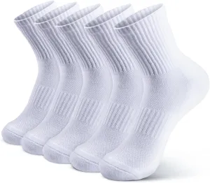 Women's White Crew Socks, 5 Pairs Lightweight Comfy Women Athletic Cushioned Running Low Cut Socks