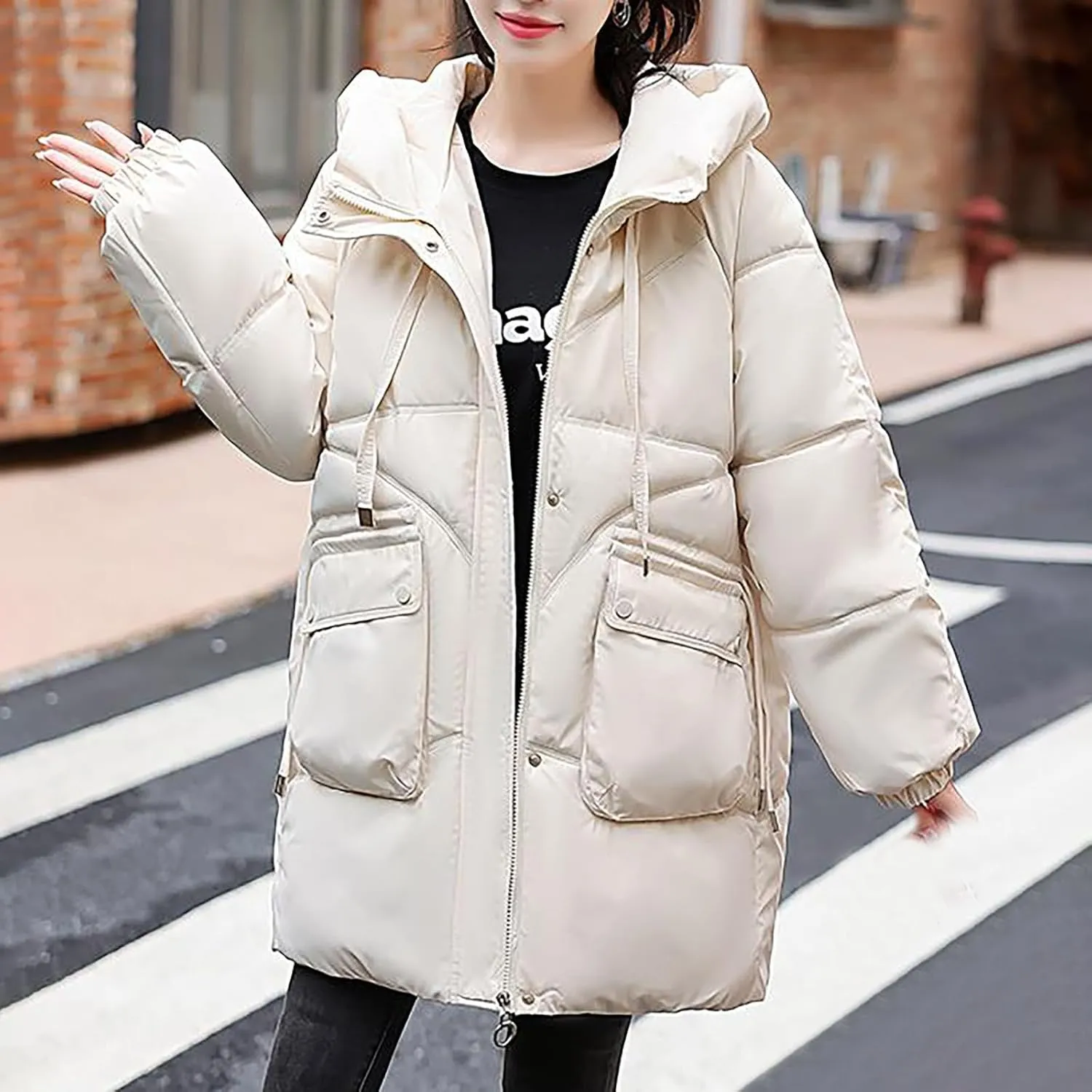 Womens Winter Puffer Coats Trendy Long Sleeve Drawstring Hooded Zip down Jacket Casual Warm Padded Tops with Pocket