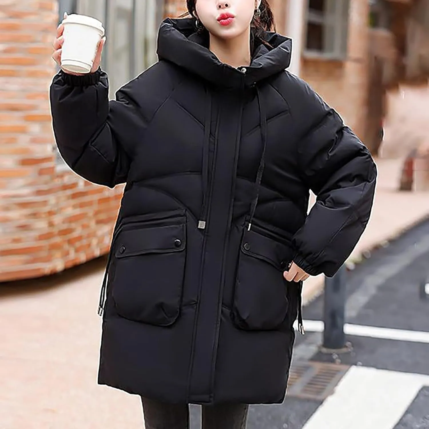 Womens Winter Puffer Coats Trendy Long Sleeve Drawstring Hooded Zip down Jacket Casual Warm Padded Tops with Pocket