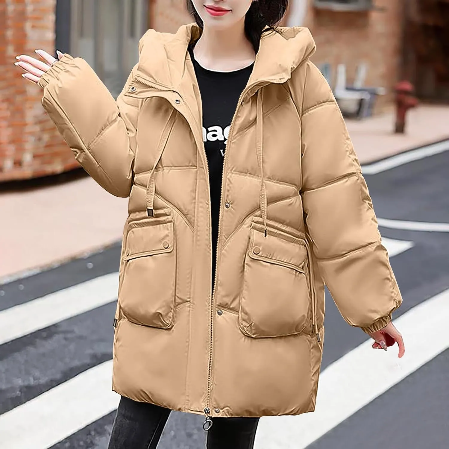 Womens Winter Puffer Coats Trendy Long Sleeve Drawstring Hooded Zip down Jacket Casual Warm Padded Tops with Pocket