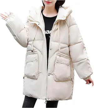 Womens Winter Puffer Coats Trendy Long Sleeve Drawstring Hooded Zip down Jacket Casual Warm Padded Tops with Pocket