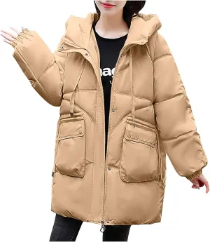 Womens Winter Puffer Coats Trendy Long Sleeve Drawstring Hooded Zip down Jacket Casual Warm Padded Tops with Pocket