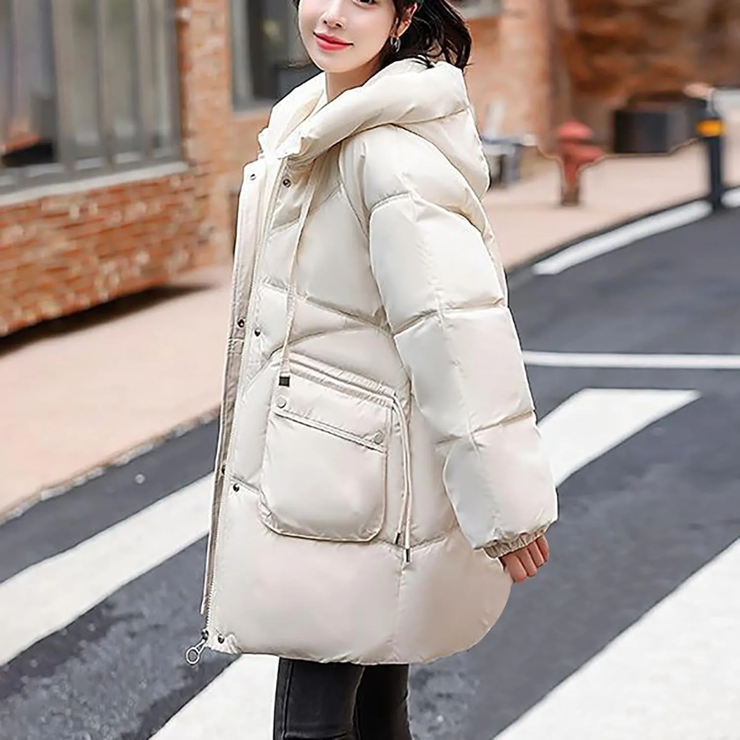 Womens Winter Puffer Coats Trendy Long Sleeve Drawstring Hooded Zip down Jacket Casual Warm Padded Tops with Pocket