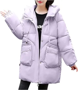 Womens Winter Puffer Coats Trendy Long Sleeve Drawstring Hooded Zip down Jacket Casual Warm Padded Tops with Pocket