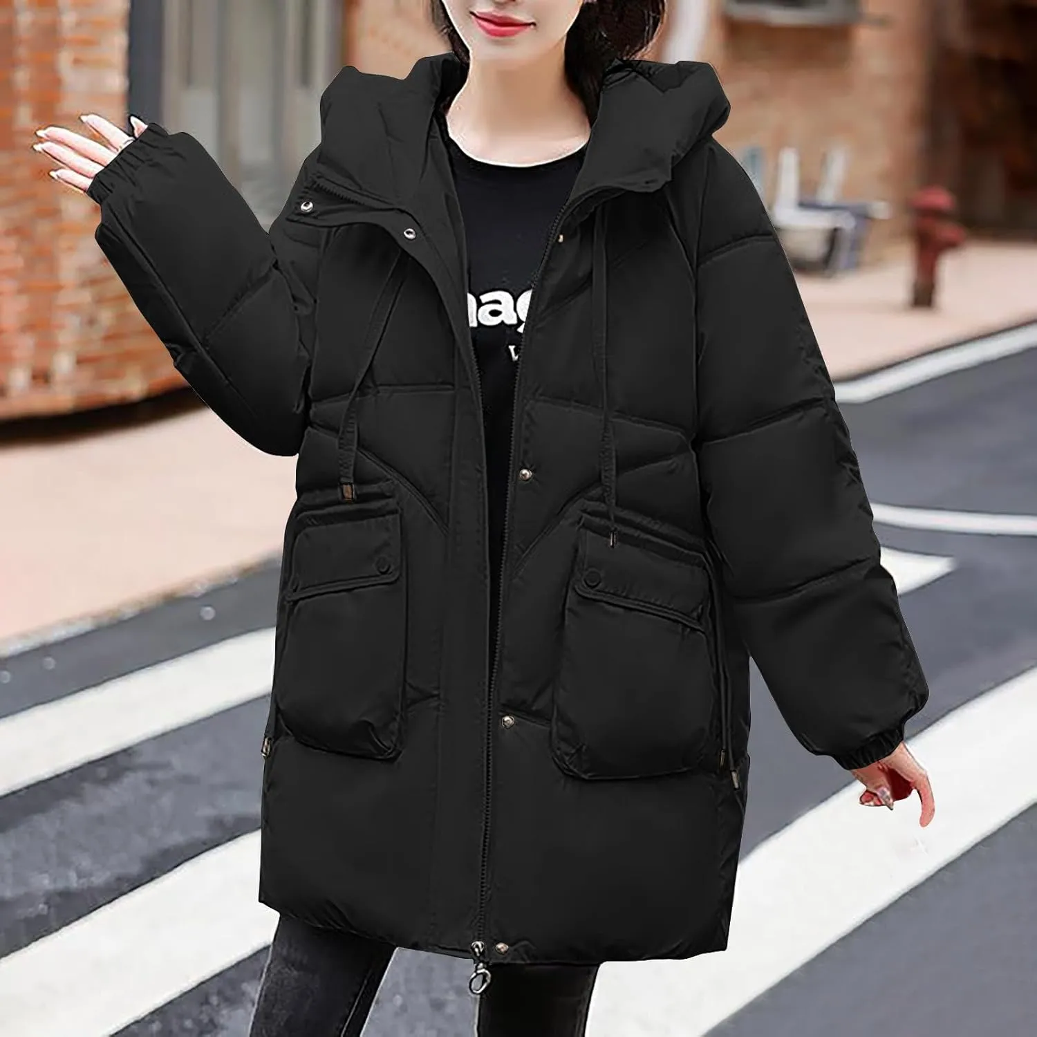 Womens Winter Puffer Coats Trendy Long Sleeve Drawstring Hooded Zip down Jacket Casual Warm Padded Tops with Pocket