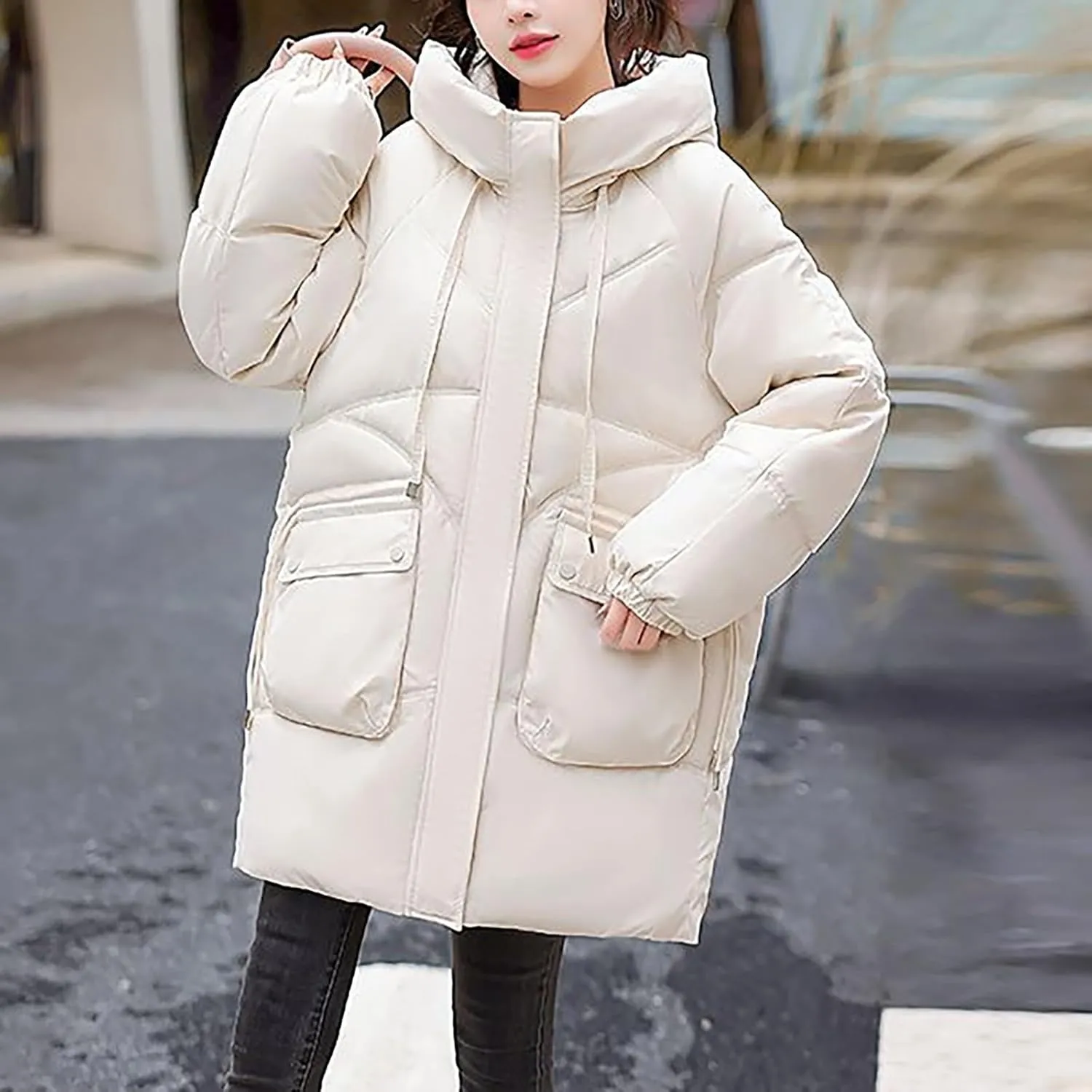Womens Winter Puffer Coats Trendy Long Sleeve Drawstring Hooded Zip down Jacket Casual Warm Padded Tops with Pocket