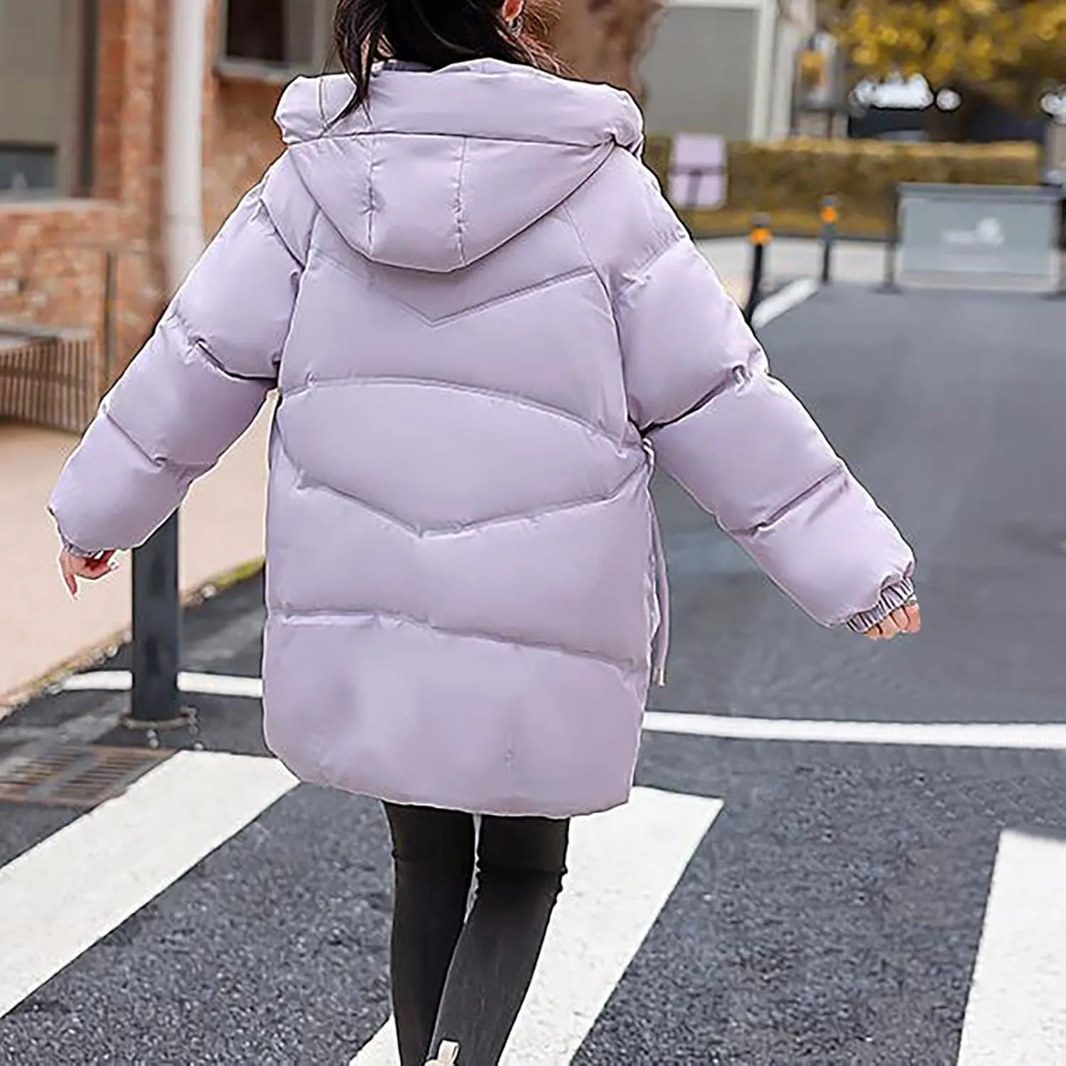 Womens Winter Puffer Coats Trendy Long Sleeve Drawstring Hooded Zip down Jacket Casual Warm Padded Tops with Pocket