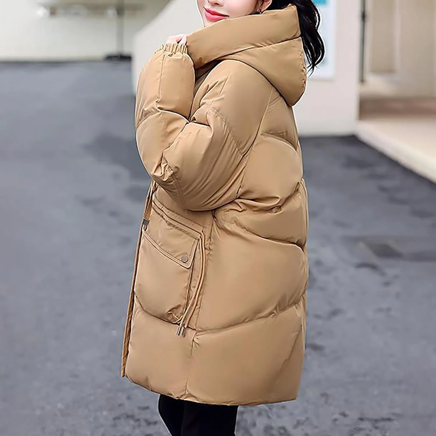 Womens Winter Puffer Coats Trendy Long Sleeve Drawstring Hooded Zip down Jacket Casual Warm Padded Tops with Pocket