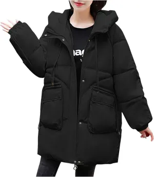 Womens Winter Puffer Coats Trendy Long Sleeve Drawstring Hooded Zip down Jacket Casual Warm Padded Tops with Pocket