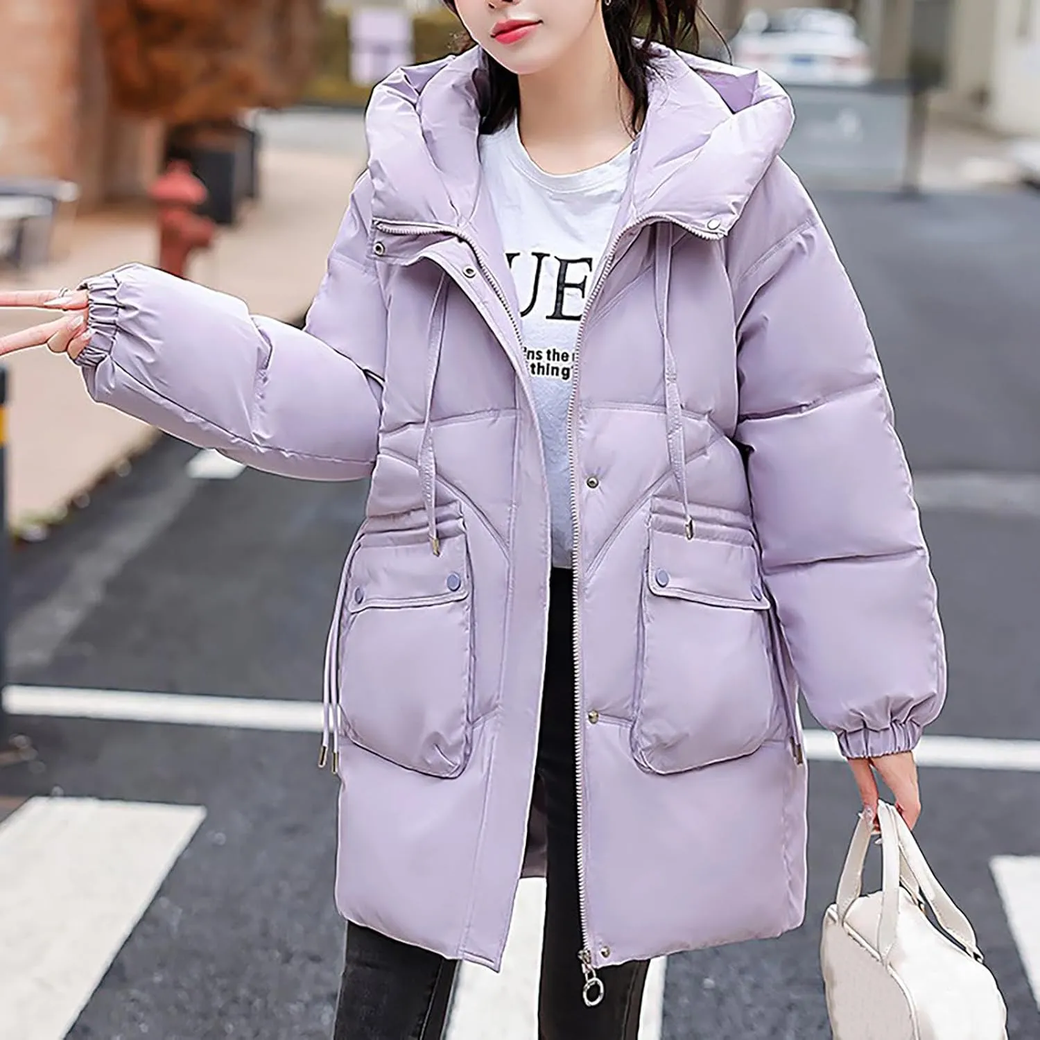 Womens Winter Puffer Coats Trendy Long Sleeve Drawstring Hooded Zip down Jacket Casual Warm Padded Tops with Pocket