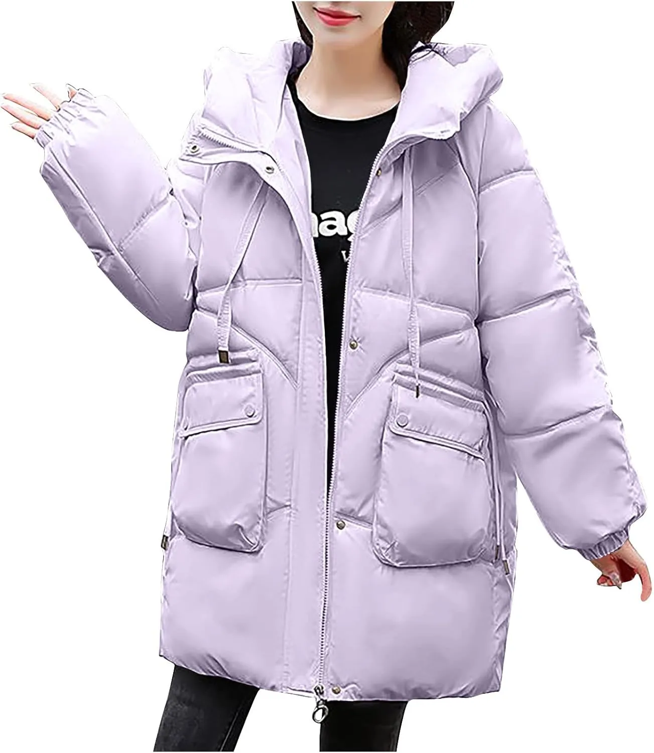 Womens Winter Puffer Coats Trendy Long Sleeve Drawstring Hooded Zip down Jacket Casual Warm Padded Tops with Pocket