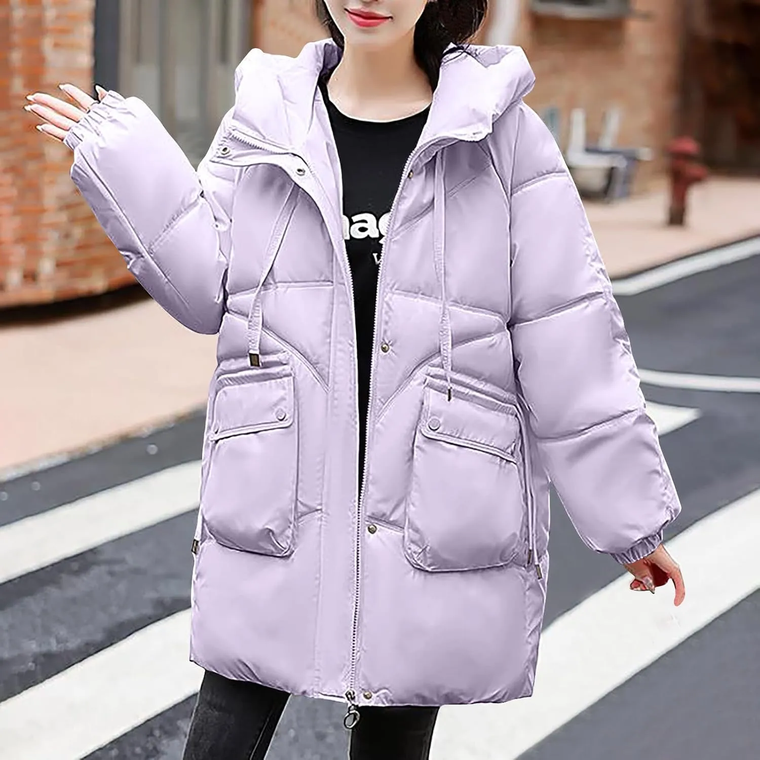 Womens Winter Puffer Coats Trendy Long Sleeve Drawstring Hooded Zip down Jacket Casual Warm Padded Tops with Pocket