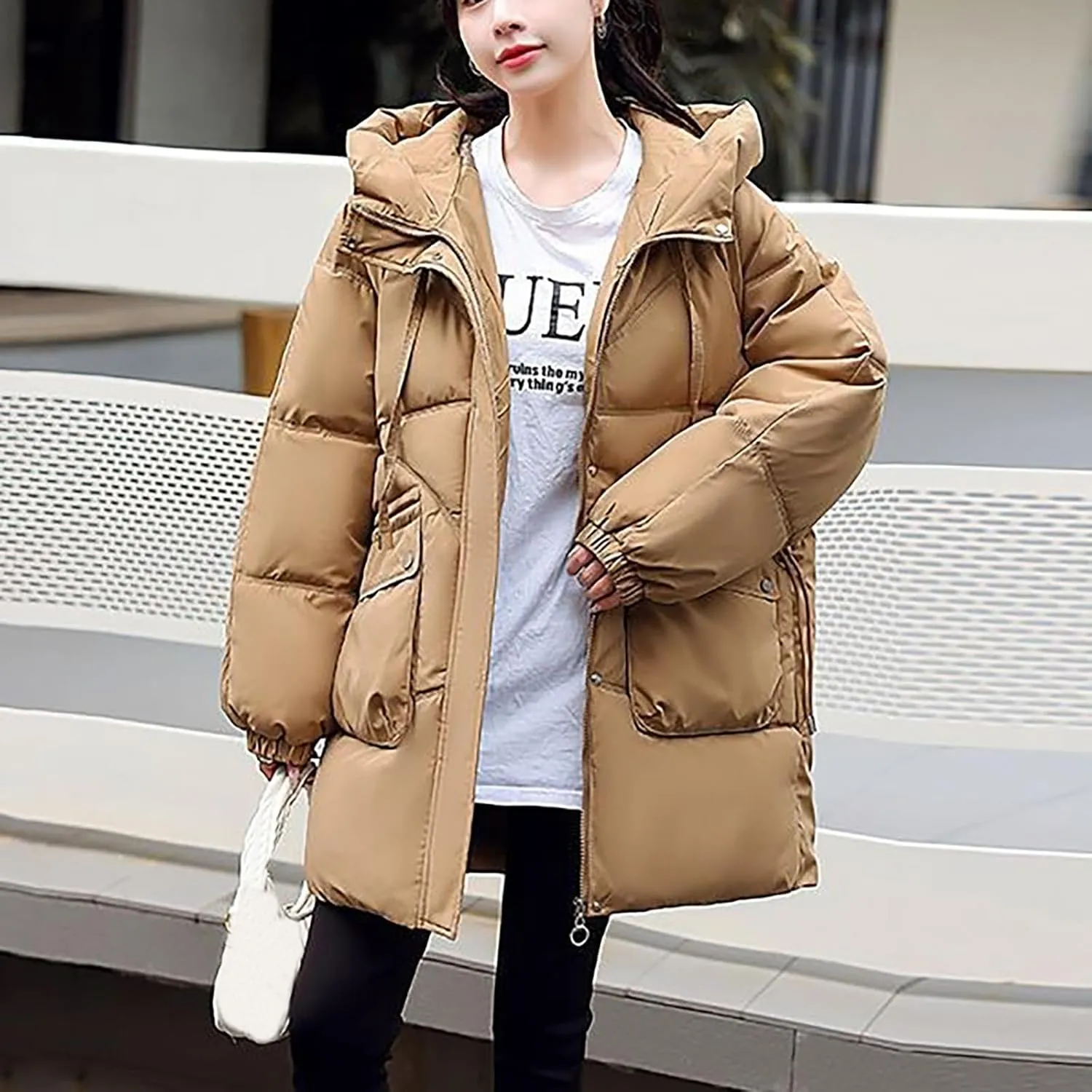 Womens Winter Puffer Coats Trendy Long Sleeve Drawstring Hooded Zip down Jacket Casual Warm Padded Tops with Pocket