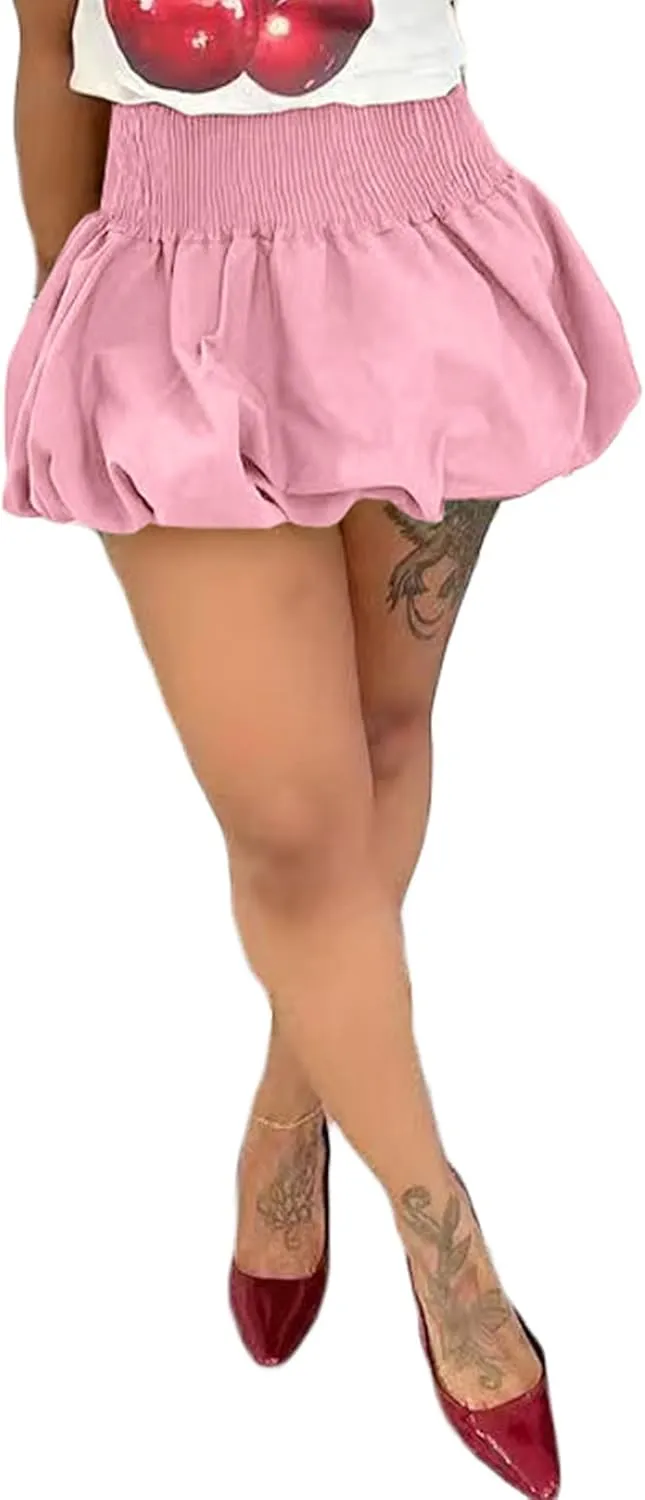 Women's Y2k Bubble Mini Skirt Elastic High Waisted Puffy Ruffle Balloon Hem Short Skirts Going Out Date Party