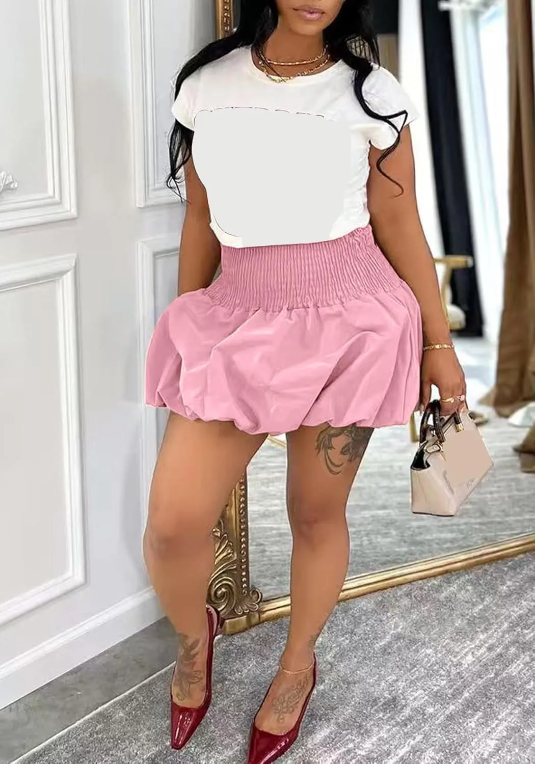 Women's Y2k Bubble Mini Skirt Elastic High Waisted Puffy Ruffle Balloon Hem Short Skirts Going Out Date Party