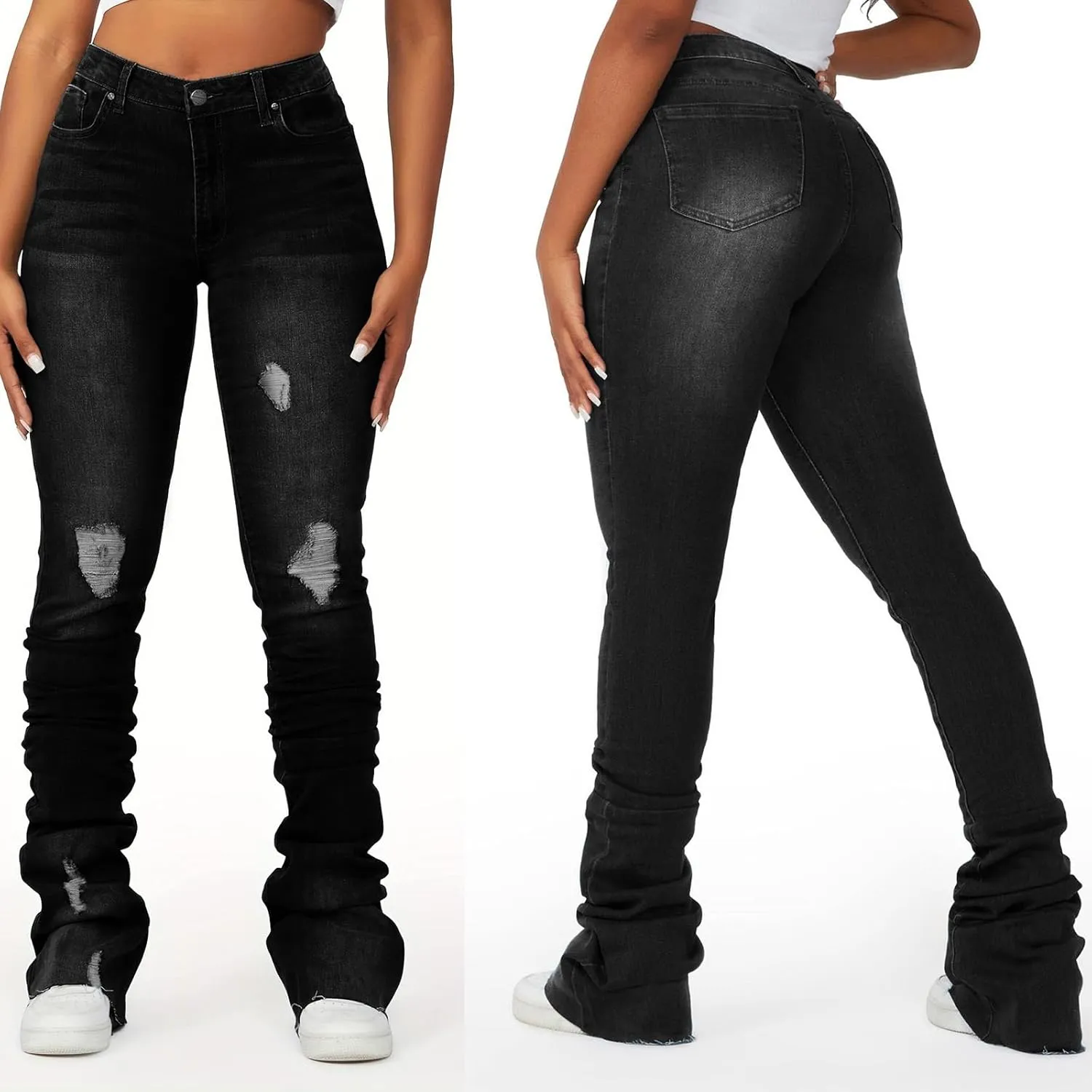 Women's Y2K Stacked Jeans Fashion Ripped High Waisted Bootcut Denim Pants Skinny Stretchy Jeans Streetwear Trousers