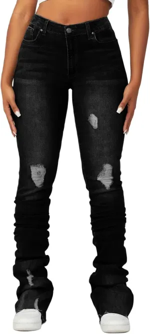 Women's Y2K Stacked Jeans Fashion Ripped High Waisted Bootcut Denim Pants Skinny Stretchy Jeans Streetwear Trousers