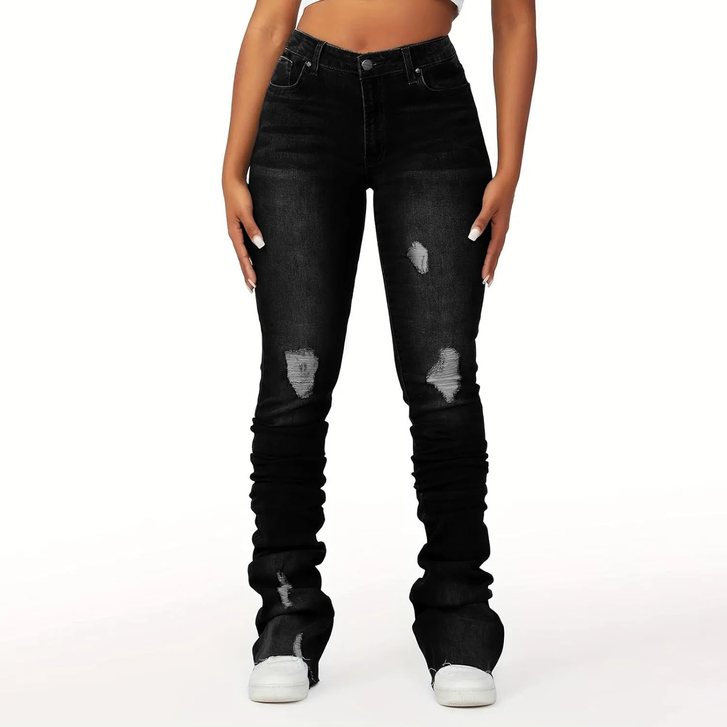 Women's Y2K Stacked Jeans Fashion Ripped High Waisted Bootcut Denim Pants Skinny Stretchy Jeans Streetwear Trousers