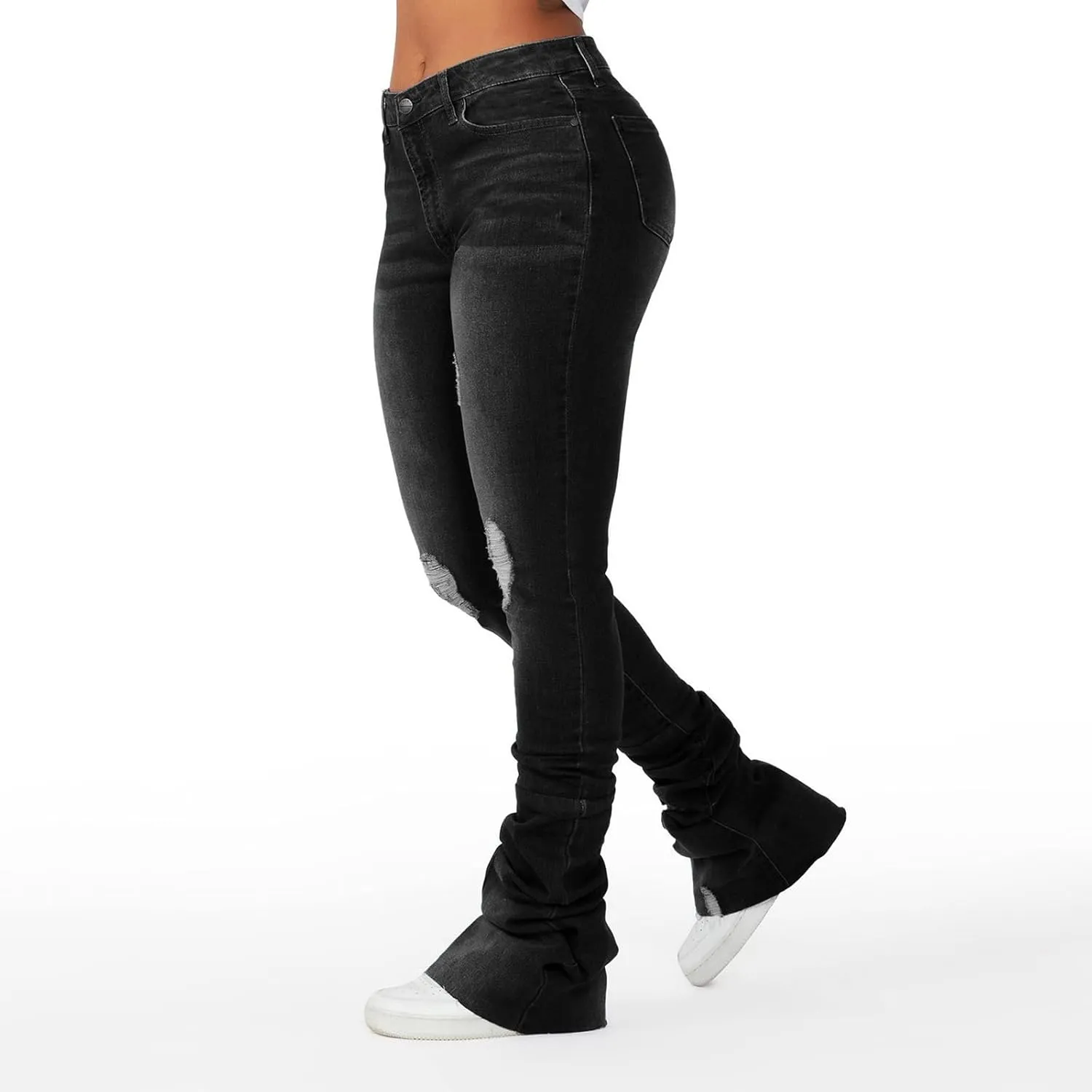 Women's Y2K Stacked Jeans Fashion Ripped High Waisted Bootcut Denim Pants Skinny Stretchy Jeans Streetwear Trousers